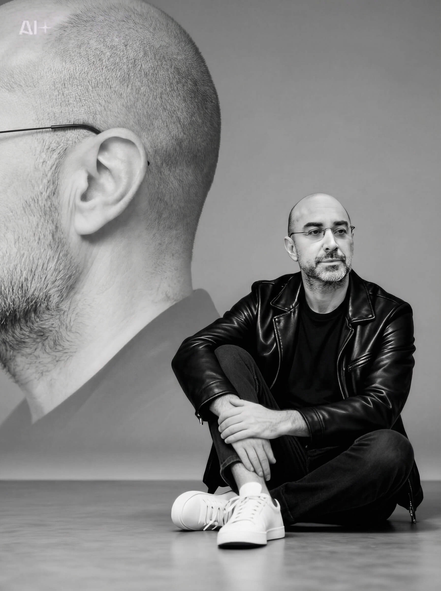 Ritratto in bianco e nero di Mirko Spelta seduto a terra con giacca in pelle e sneakers, sullo sfondo un grande primo piano del suo volto